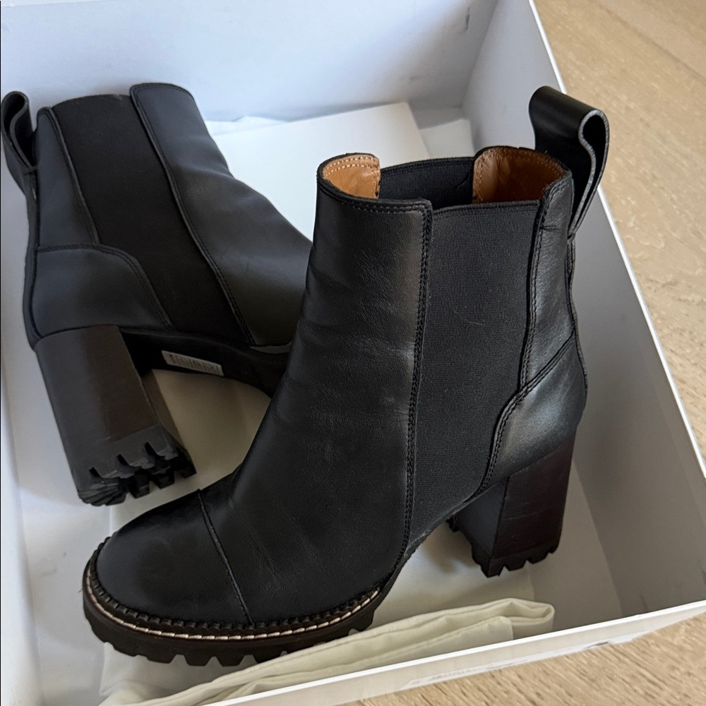See by Chloe Black Leather Chelsea Block Heel Ankle Boots